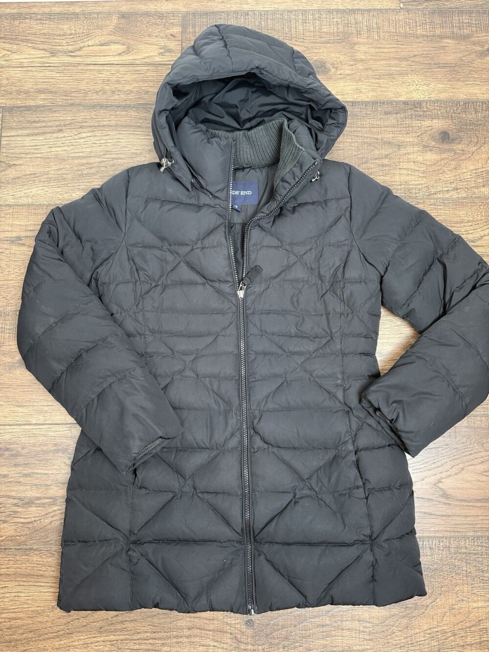 Lands End Jacket Womens XS 4-6 Black Down Puffer Hooded Long Coat